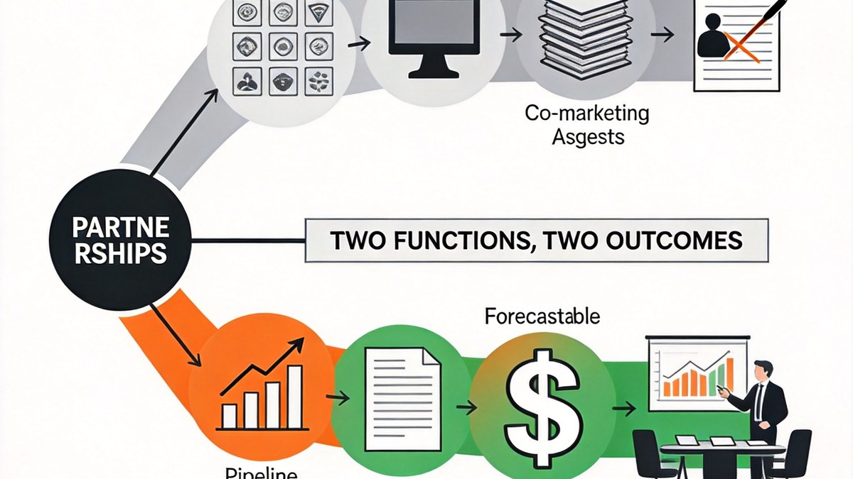 Infographic showing partnerships leading to two functions and two outcomes, with icons of charts, documents, a dollar sign, and a meeting room highlight the flow of value.