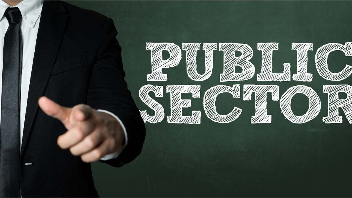 Professional in a dark suit points at the viewer with a chalkboard reading PUBLIC SECTOR behind him.