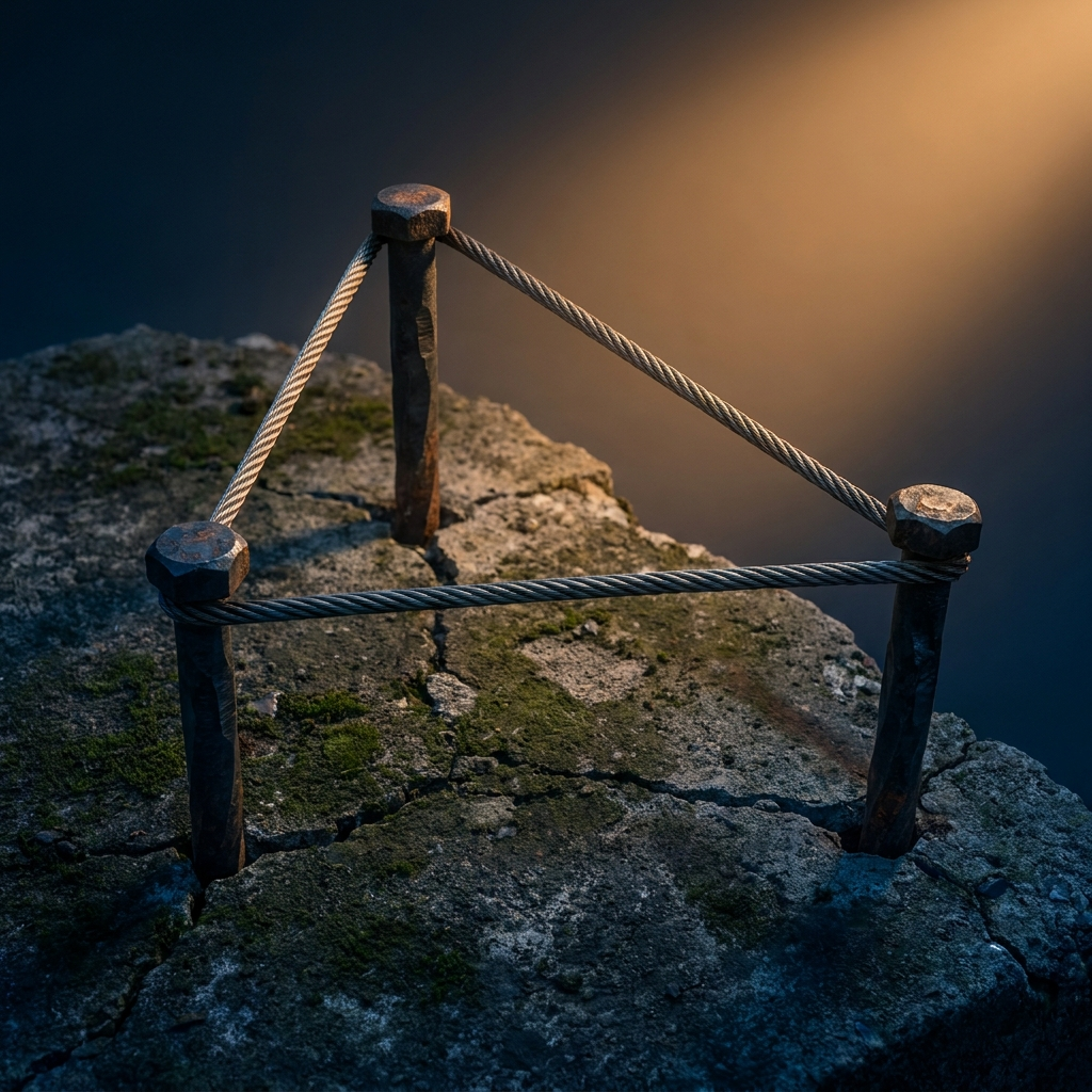Three hand-forged steel anchor bolts embedded in weathered concrete, connected by taut steel cables forming an equilateral triangle, warm-lit from the upper right against navy shadow.