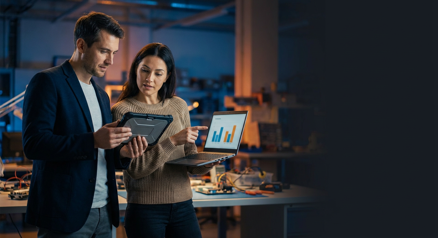 Two professionals reviewing a commercial hardware device and a partner-program dashboard together in a modern device lab.