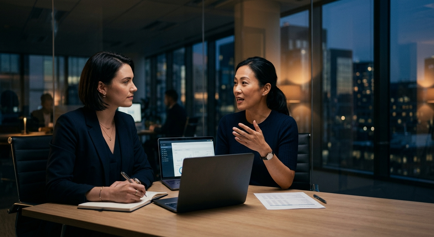 Two revenue professionals in a co-sell playbook interview, one taking notes while the other talks, a single page on the table between them