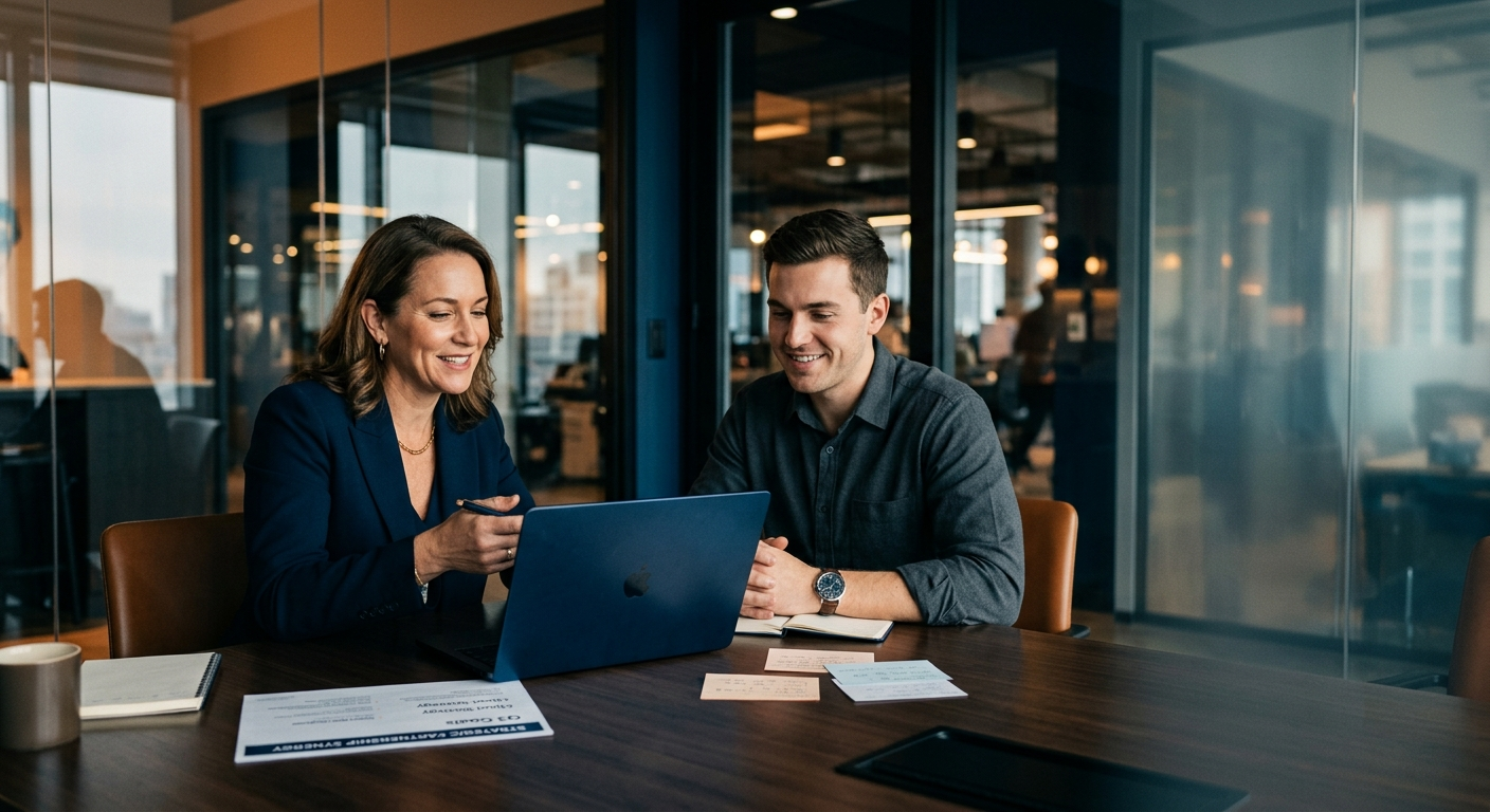 Two colleagues in a modern office review a blue laptop together at a conference table, smiling.