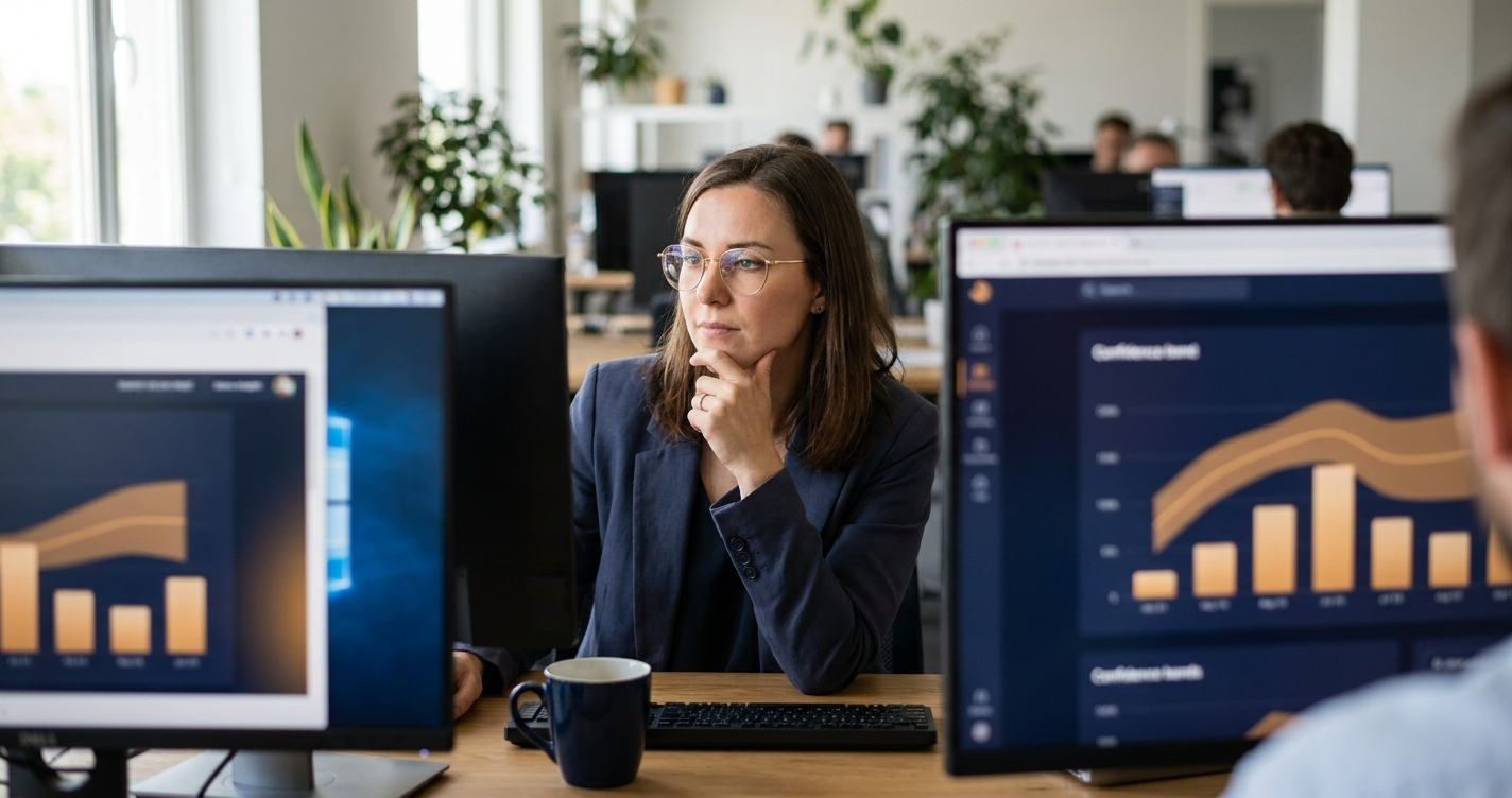 RevOps analyst reviewing partner pipeline forecast with confidence band on dual monitors