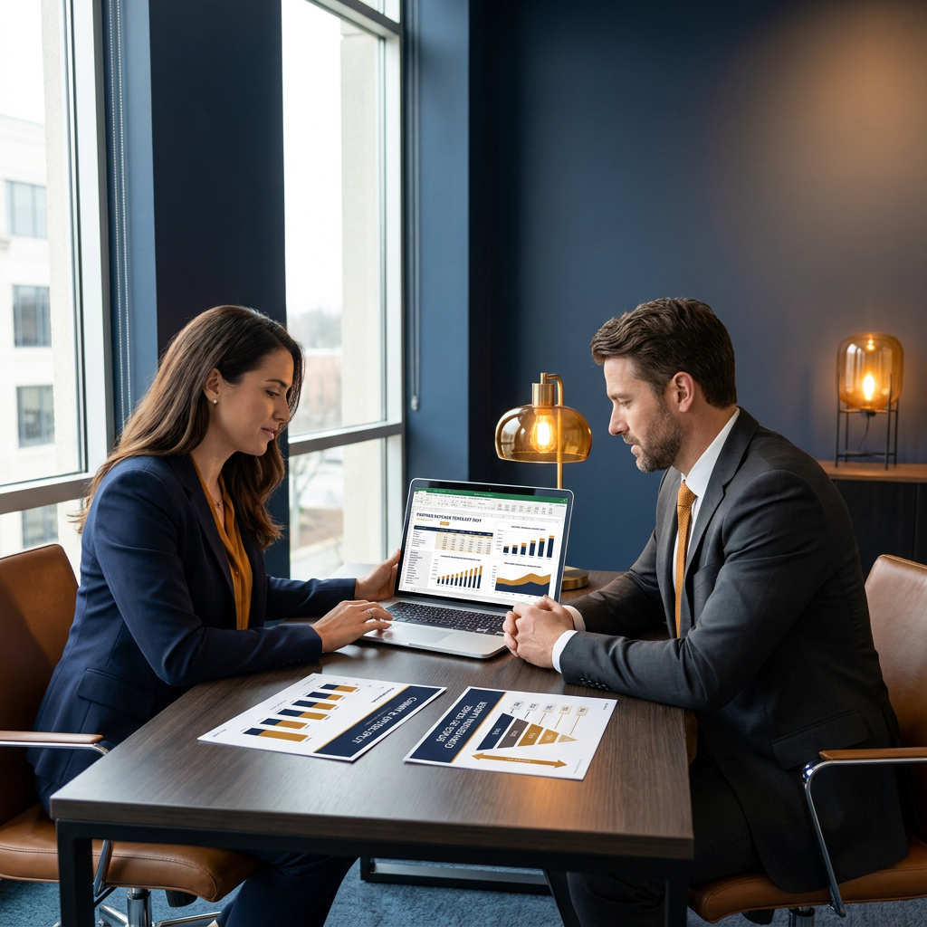 A partnerships leader and a CFO sitting beside each other at a desk reviewing a partner-sourced revenue forecast on a laptop, with a printed commit-and-upside split and stage-by-stage conversion ladder visible on the desk, deep navy and warm amber palette