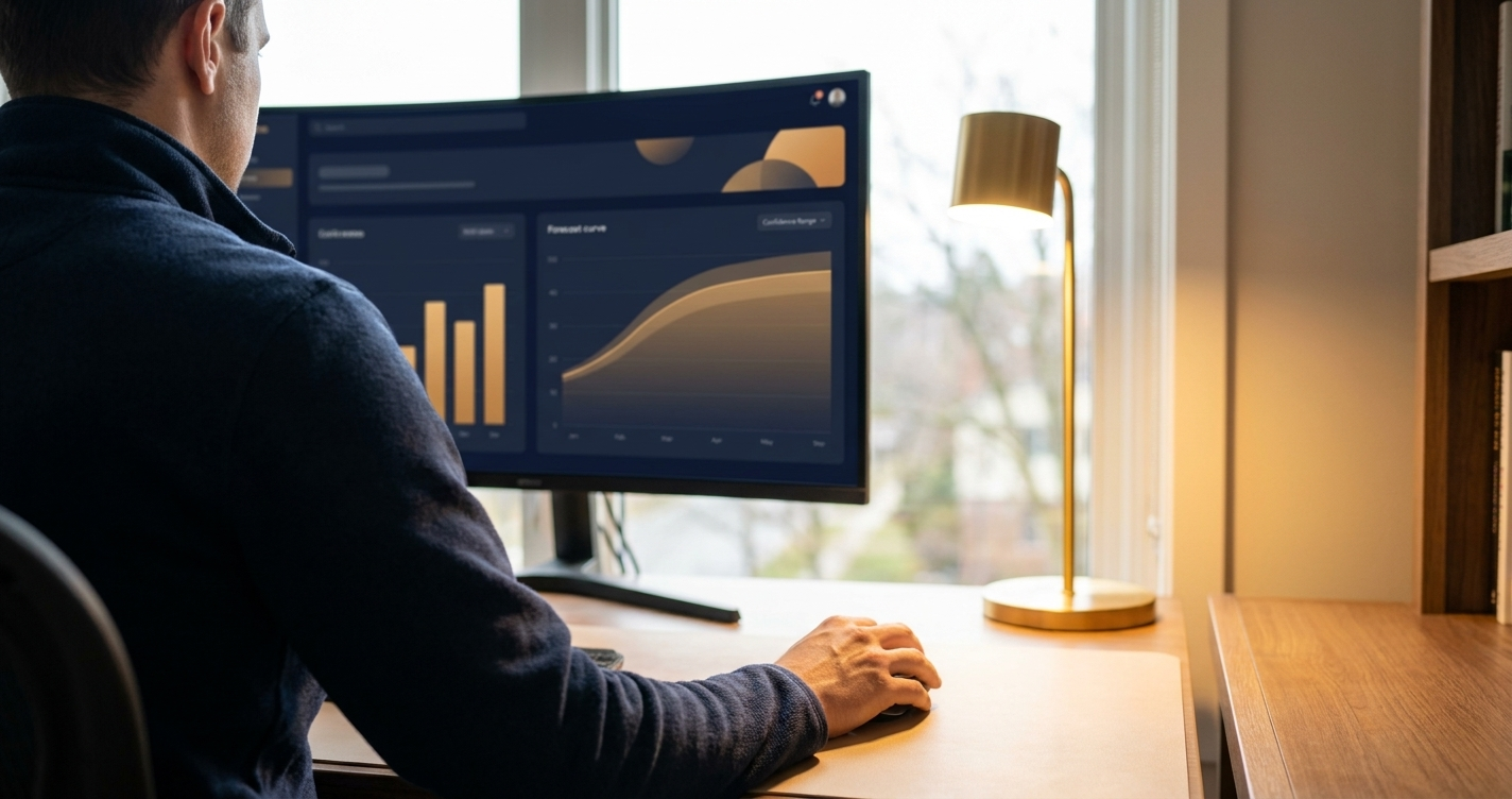 Partnerships analyst studying a forecast curve and confidence range on a large monitor