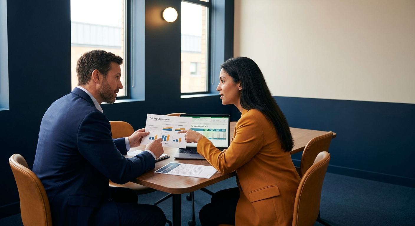 A head of partnerships and a finance partner reviewing a printed pricing comparison sheet at a small conference table, with a laptop showing partner-program ROI math and a one-page proposal between them, deep navy and warm amber palette