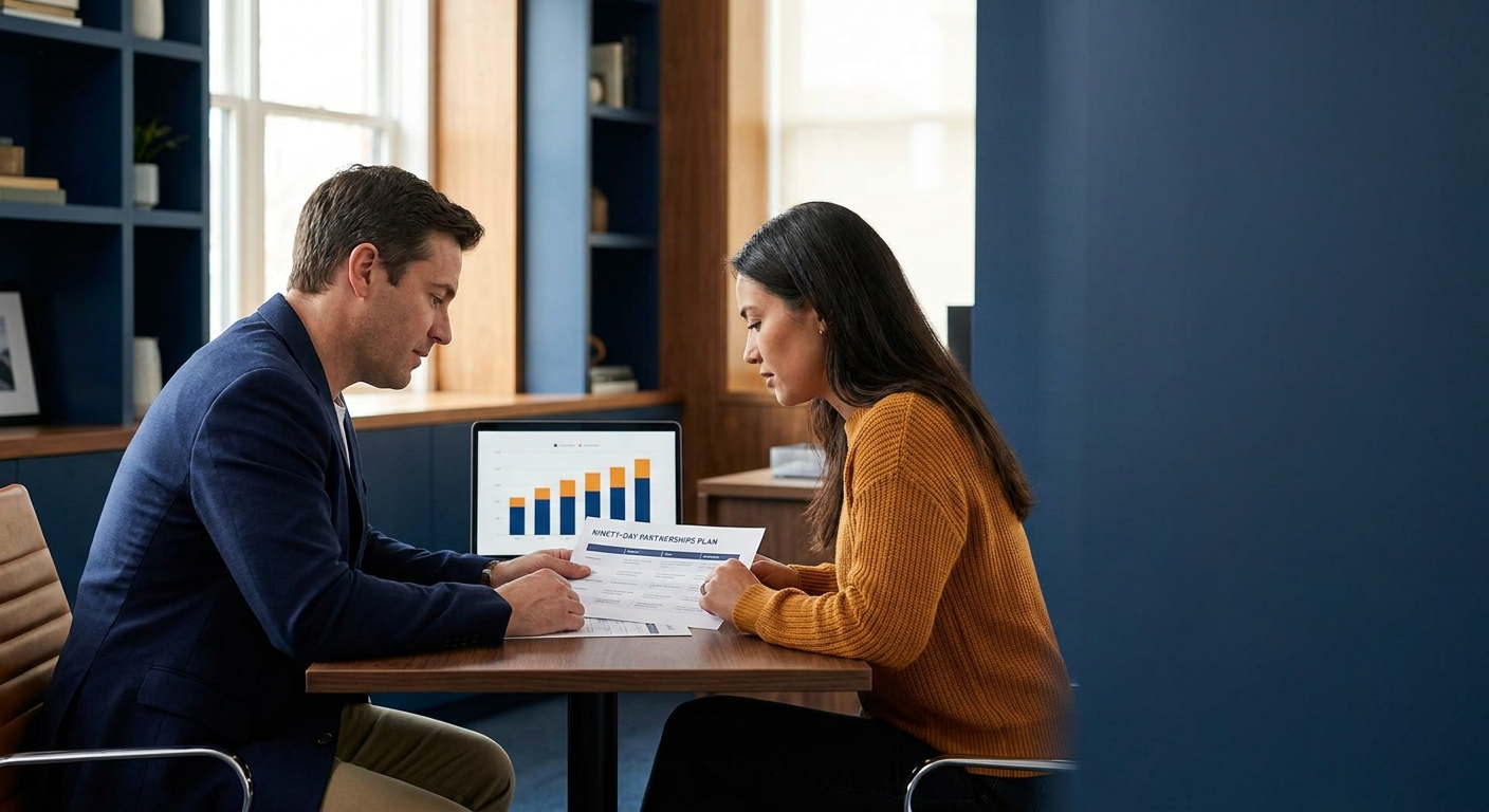 A fractional VP of partnerships and a founder CEO sitting across a small desk reviewing a printed ninety-day partnerships plan with a tiering chart visible on a laptop between them, deep navy and warm amber palette