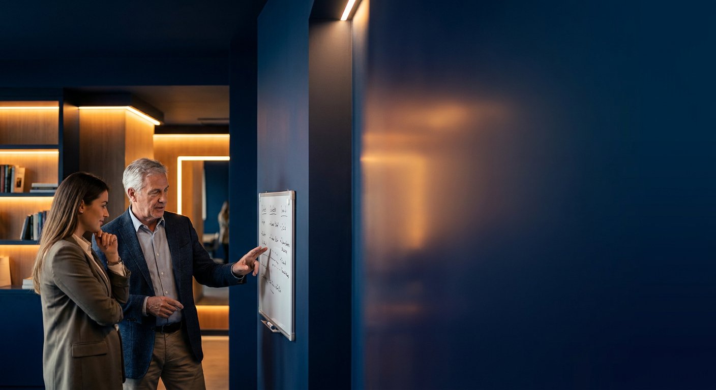 Senior sales leader coaching a frontline sales manager at a small whiteboard in a calm modern office, deep navy and amber palette, right third clean for headline overlay