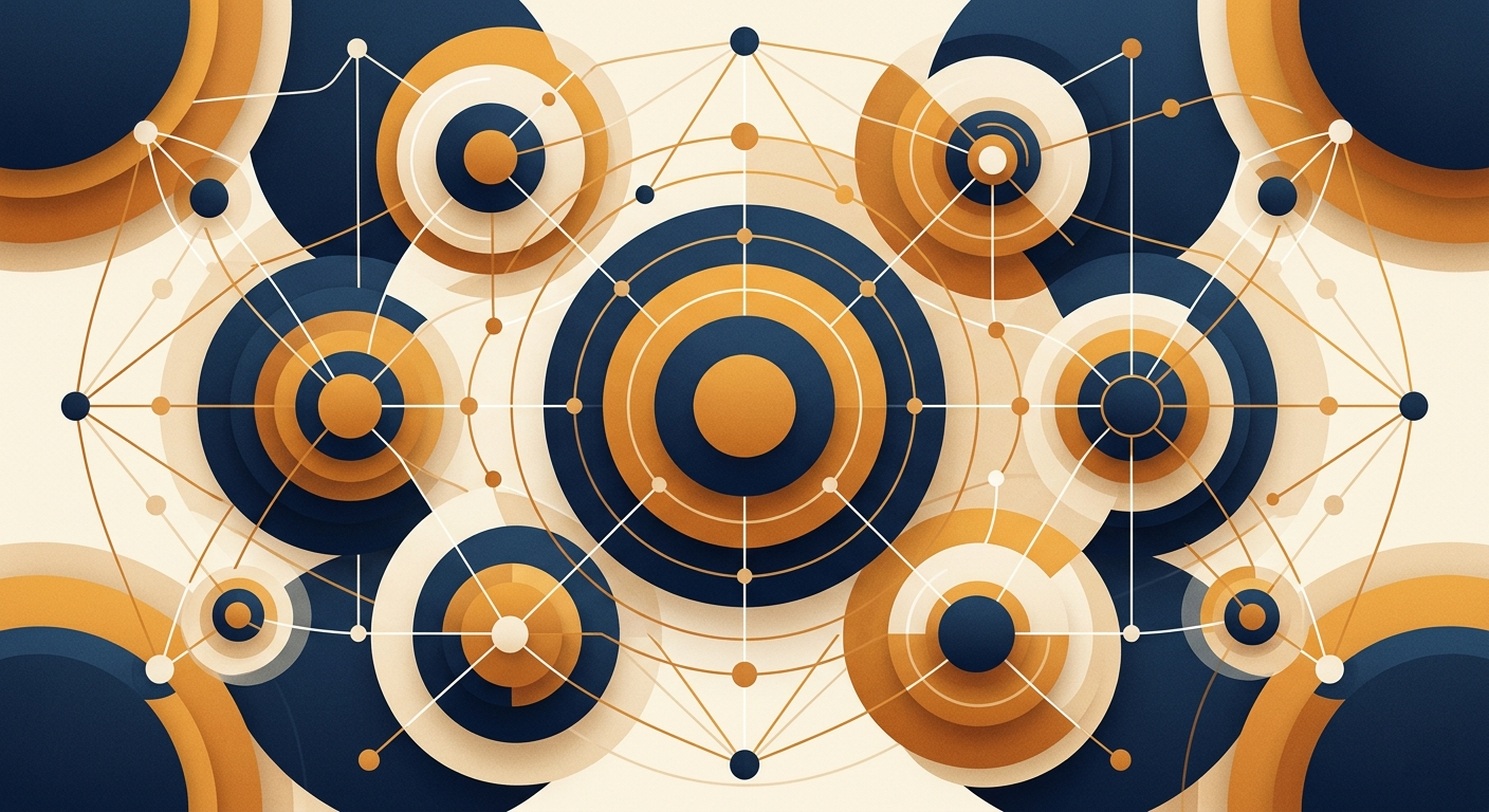 Abstract editorial illustration of executive partnerships leadership and ecosystem orchestration with overlapping circular hubs in navy and amber
