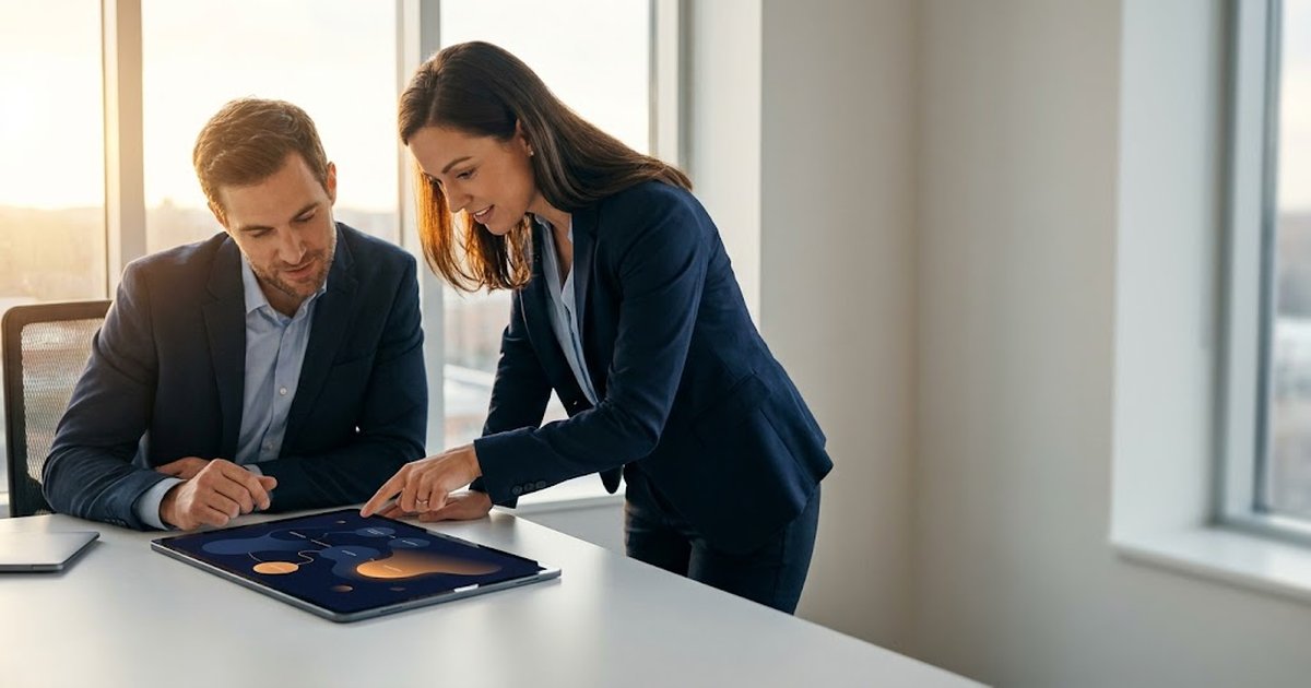 Two professionals review a tablet displaying a dark blue infographic while seated and standing at a bright office desk, collaborating attentively.