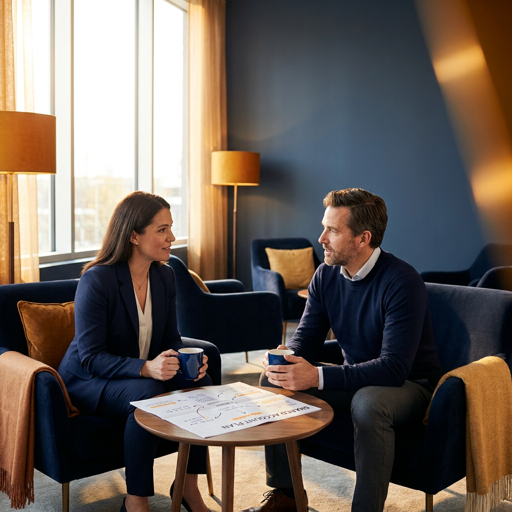A partner manager and a partner counterpart sitting in a coffee meeting walking the partner through a printed shared account plan with handwritten priorities, deep navy and warm amber palette