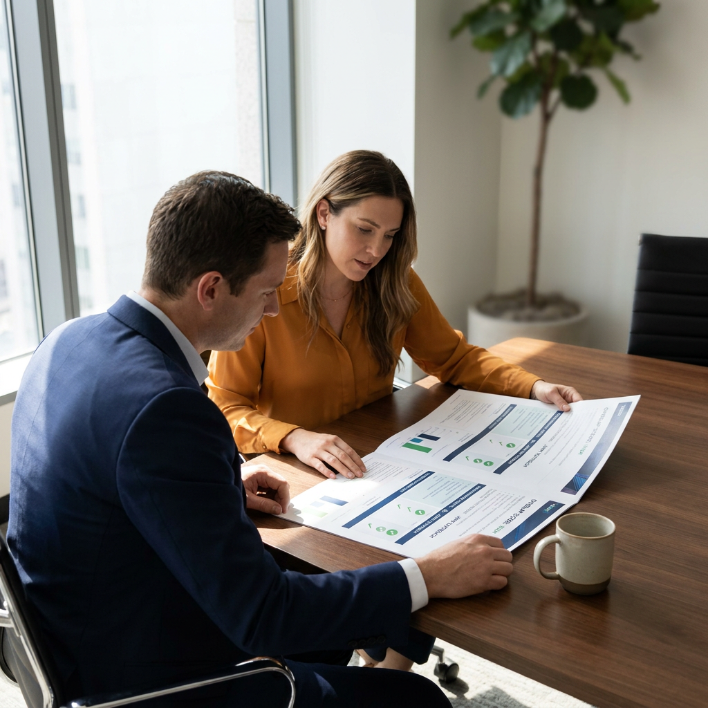 A partnerships leader and an AE sitting at a desk reviewing a printed shared account list with overlap scores and a recommended next action per account between them, deep navy and warm amber palette