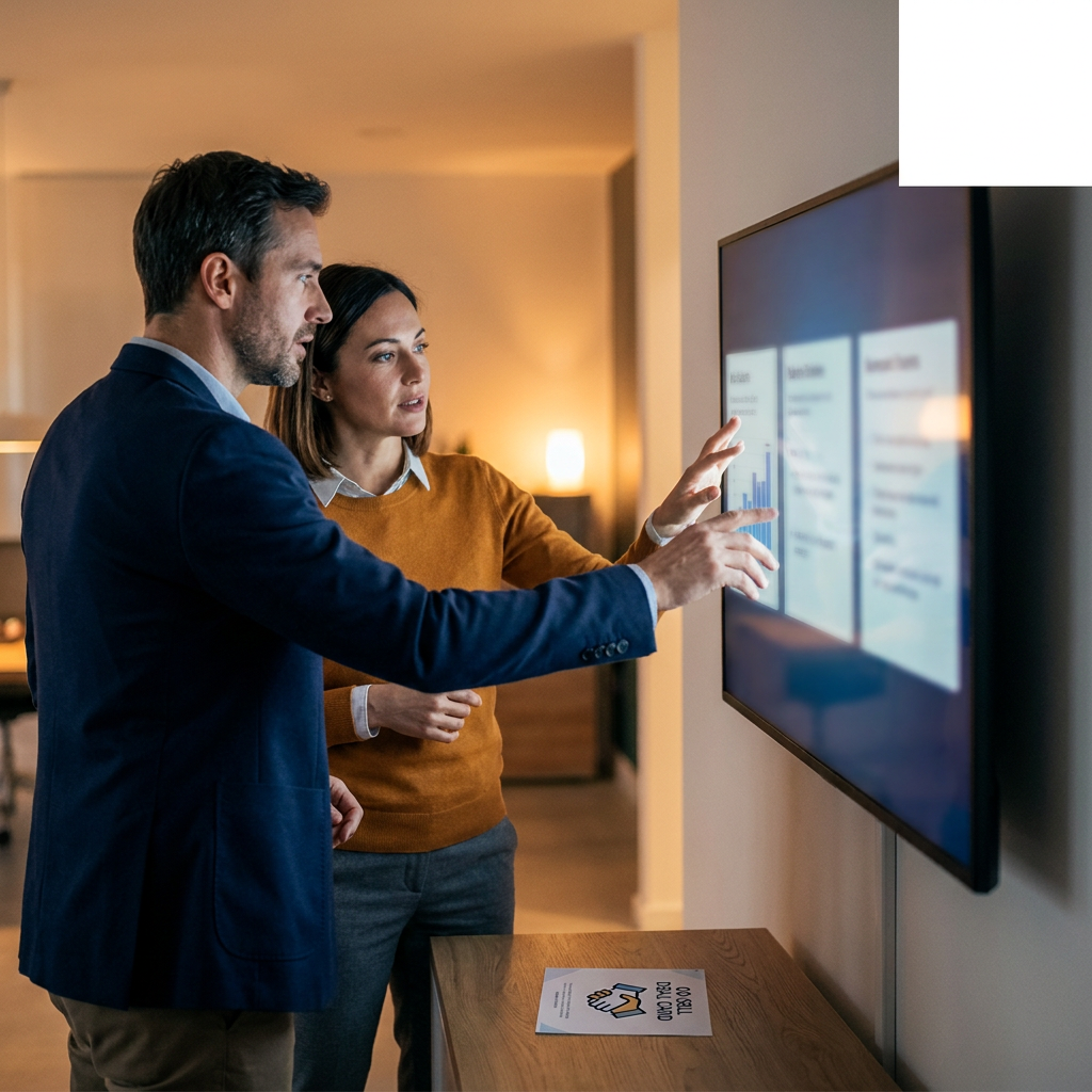 A partner manager and an account executive standing at a wall monitor walking through three target accounts side by side, with a printed co-sell deal card visible on the table between them, deep navy and warm amber palette