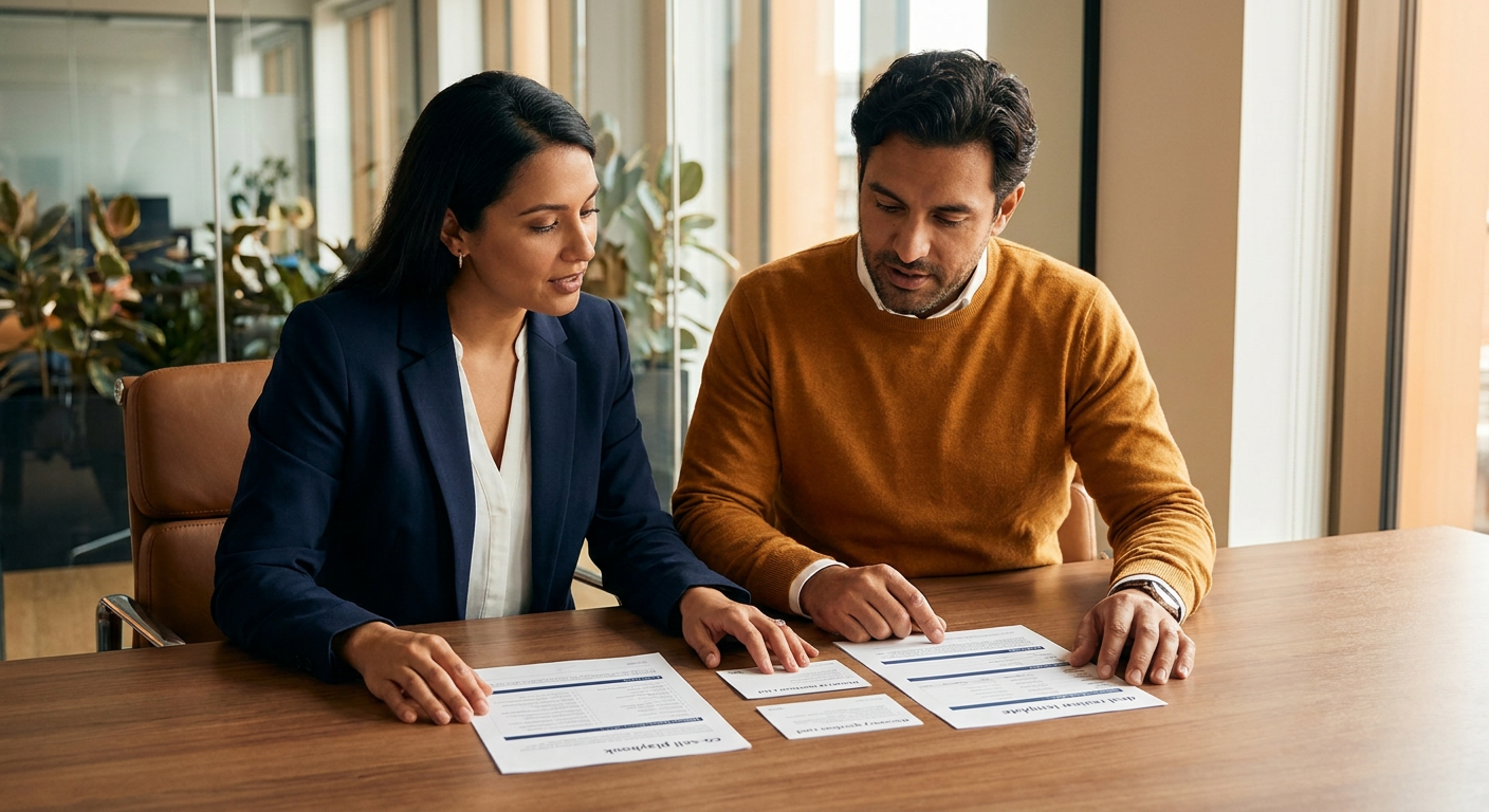 Two professionals sit at a wooden conference table reviewing documents together in a bright office.