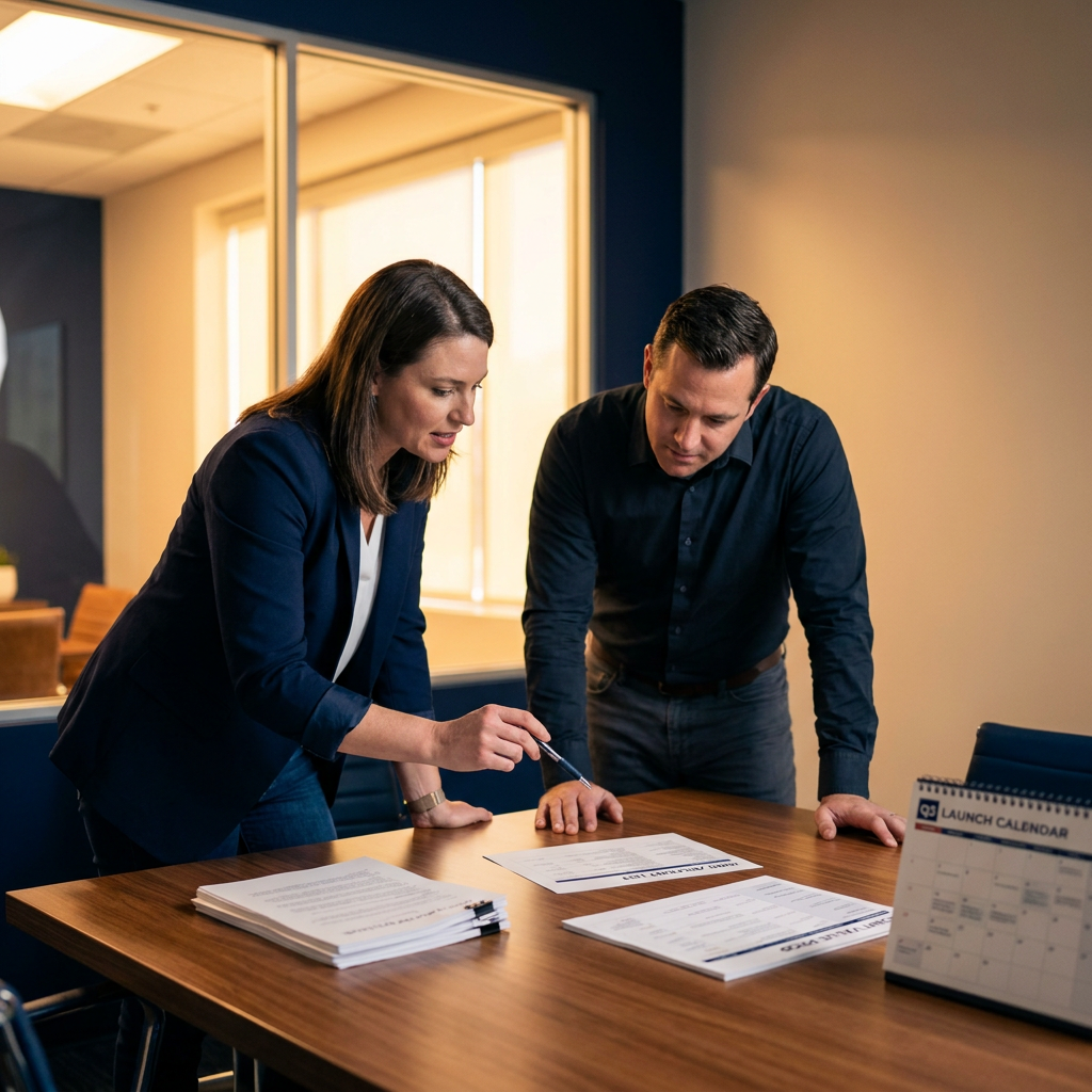 Two go-to-market leaders from partner companies sitting across a table with a printed joint account list, a one-page joint value prop, and a quarterly launch calendar visible between them, deep navy and warm amber palette