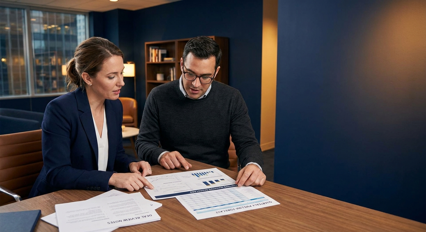 A head of partnerships and a CRO sitting at a desk reviewing a printed partner manager scorecard alongside a candidate's deal review notes and a quarterly pipeline forecast, deep navy and warm amber palette