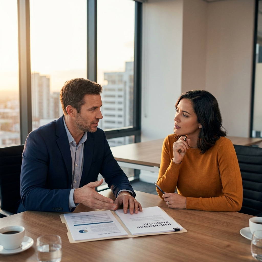 A head of partnerships sitting across from a prospective partner CRO at a table with a printed joint account overlap report and a one-page partnership proposal between them, deep navy and warm amber palette