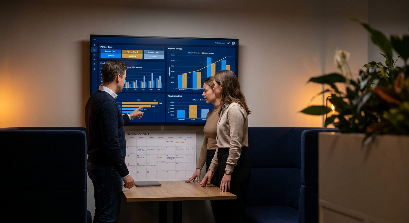 A head of partnerships and a CRO at a wall monitor reviewing a partner tier ladder and a sourced and influenced pipeline split, with a printed cadence calendar on the table between them, deep navy and warm amber palette