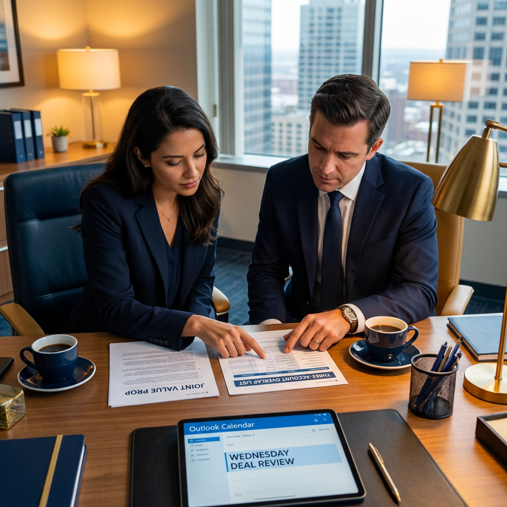 A partner manager and an account executive at a desk reviewing a printed three-account overlap list, a one-page joint value prop, and a Wednesday deal review calendar invite between them, deep navy and warm amber palette