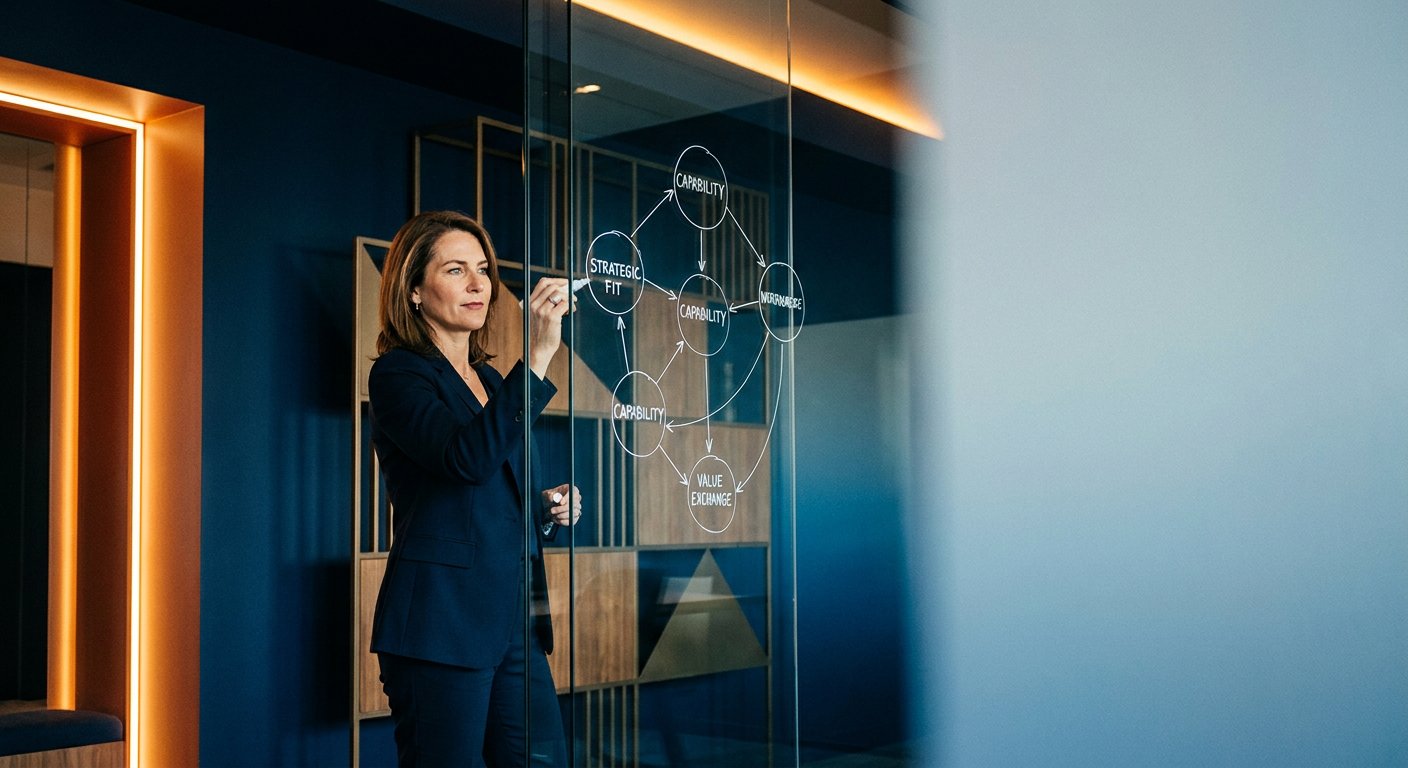 Businesswoman in a navy suit writes on glass wall with interconnected circular diagrams in a modern office setting.