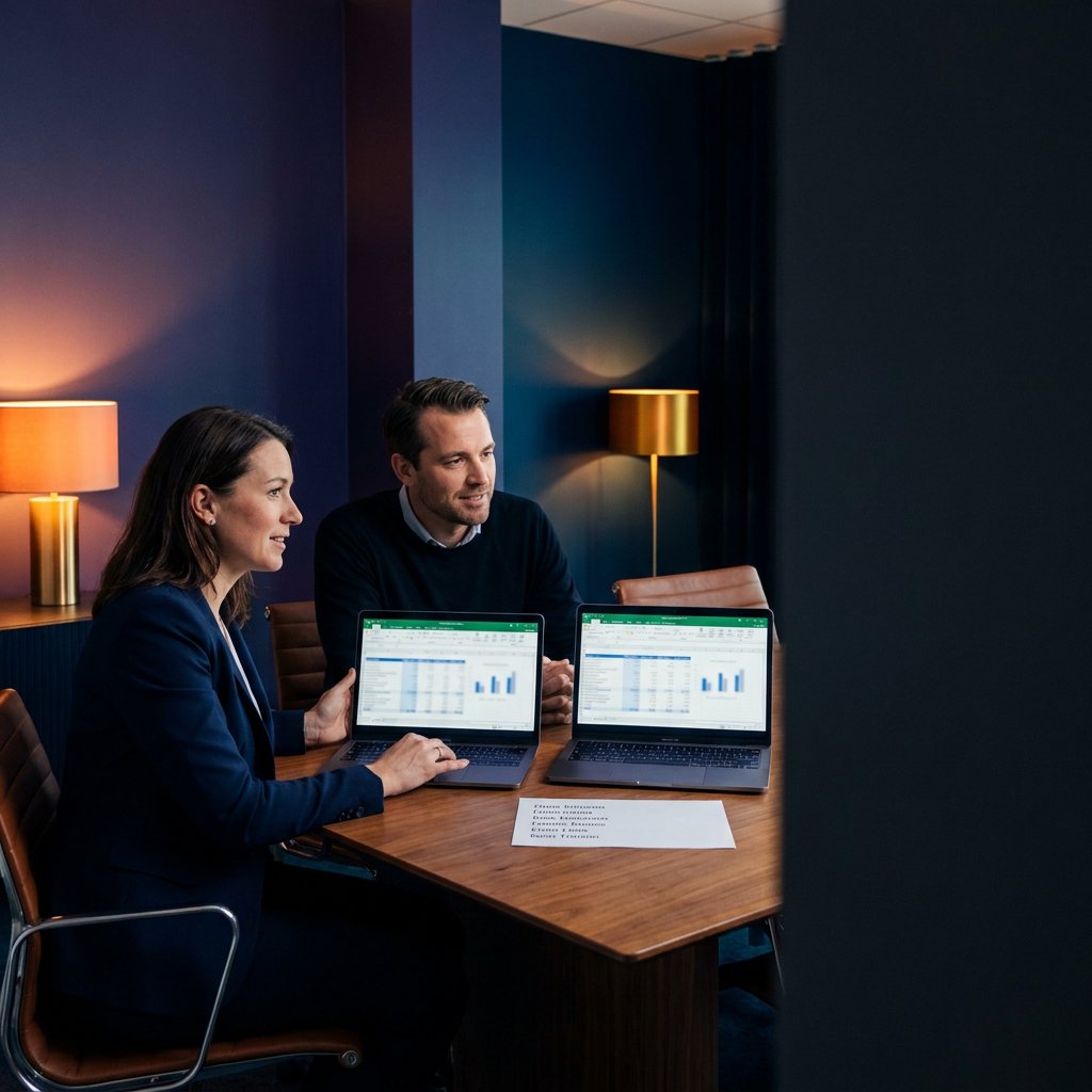 Two B2B partnerships ops leaders comparing PRM platform feature matrices on twin laptops at a calm modern conference table with a printed vendor shortlist visible, deep navy and amber palette