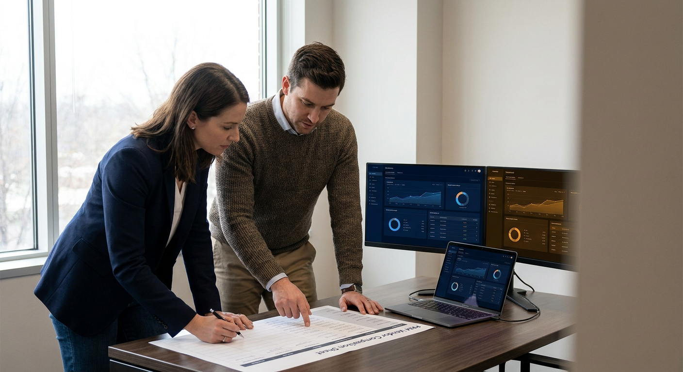 A head of partnerships and a revenue operations leader at a desk reviewing a printed PRM vendor comparison sheet alongside laptop screens showing two partner workspace dashboards side by side, deep navy and warm amber palette