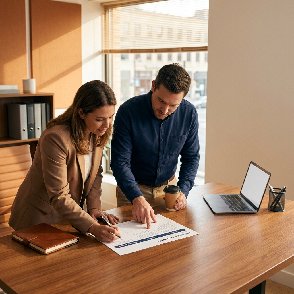 A partner manager and an account executive at a desk filling out a printed one-page joint value prop template with a buyer problem column, a proof point column, and a discovery question, deep navy and warm amber palette