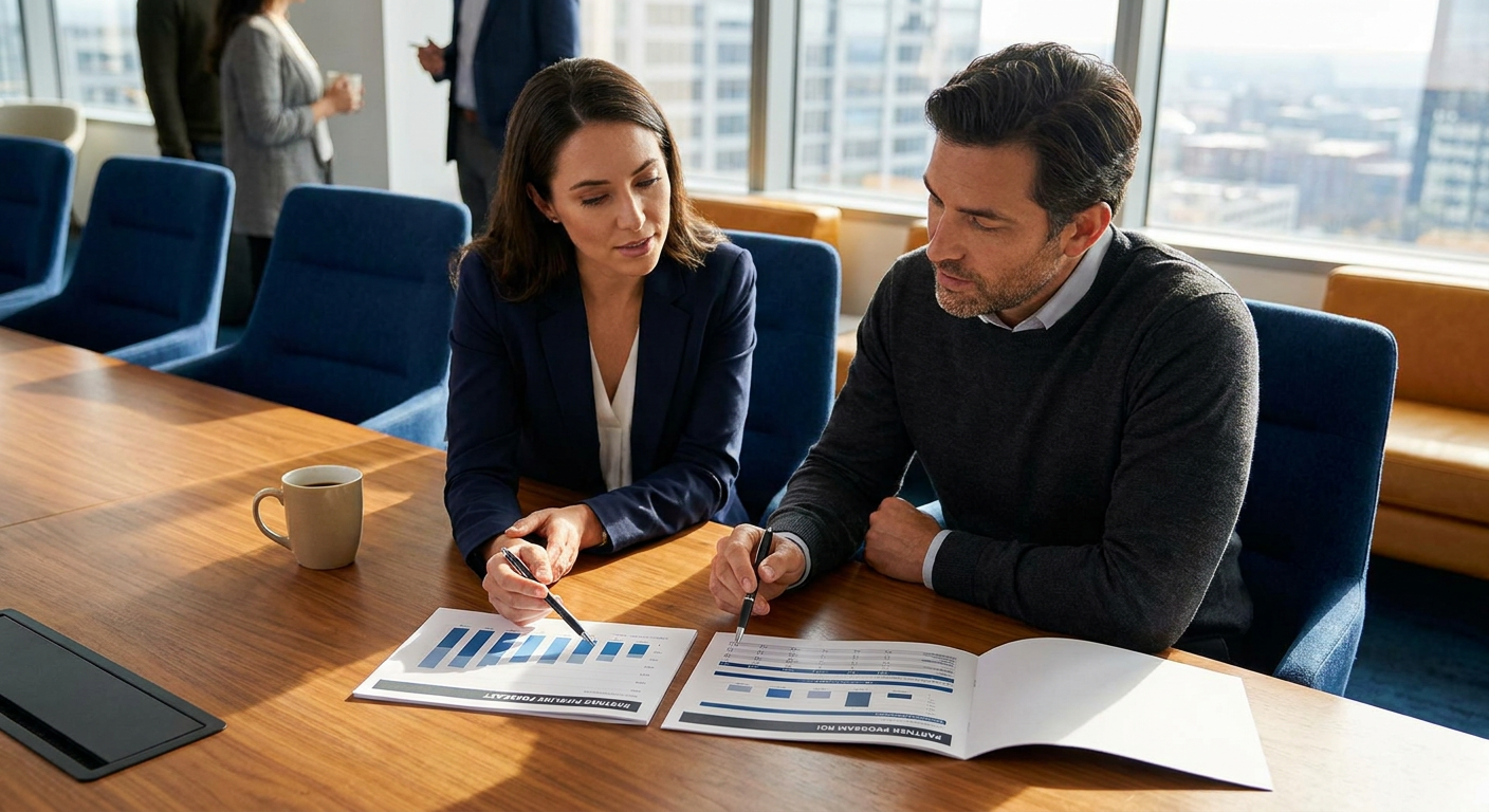 A head of partnerships and a CFO at a conference table reviewing a printed partner-sourced and influenced pipeline forecast next to a one-page partner program ROI worksheet, deep navy and warm amber palette