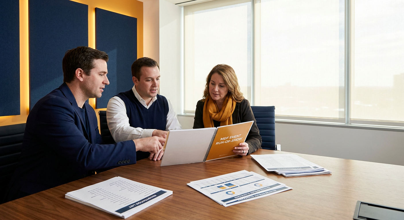 A partner marketing manager and an account executive at a conference room table walking a partner sponsor through a printed MDF event run-of-show with a registration list and a sourced pipeline scorecard visible, deep navy and warm amber palette