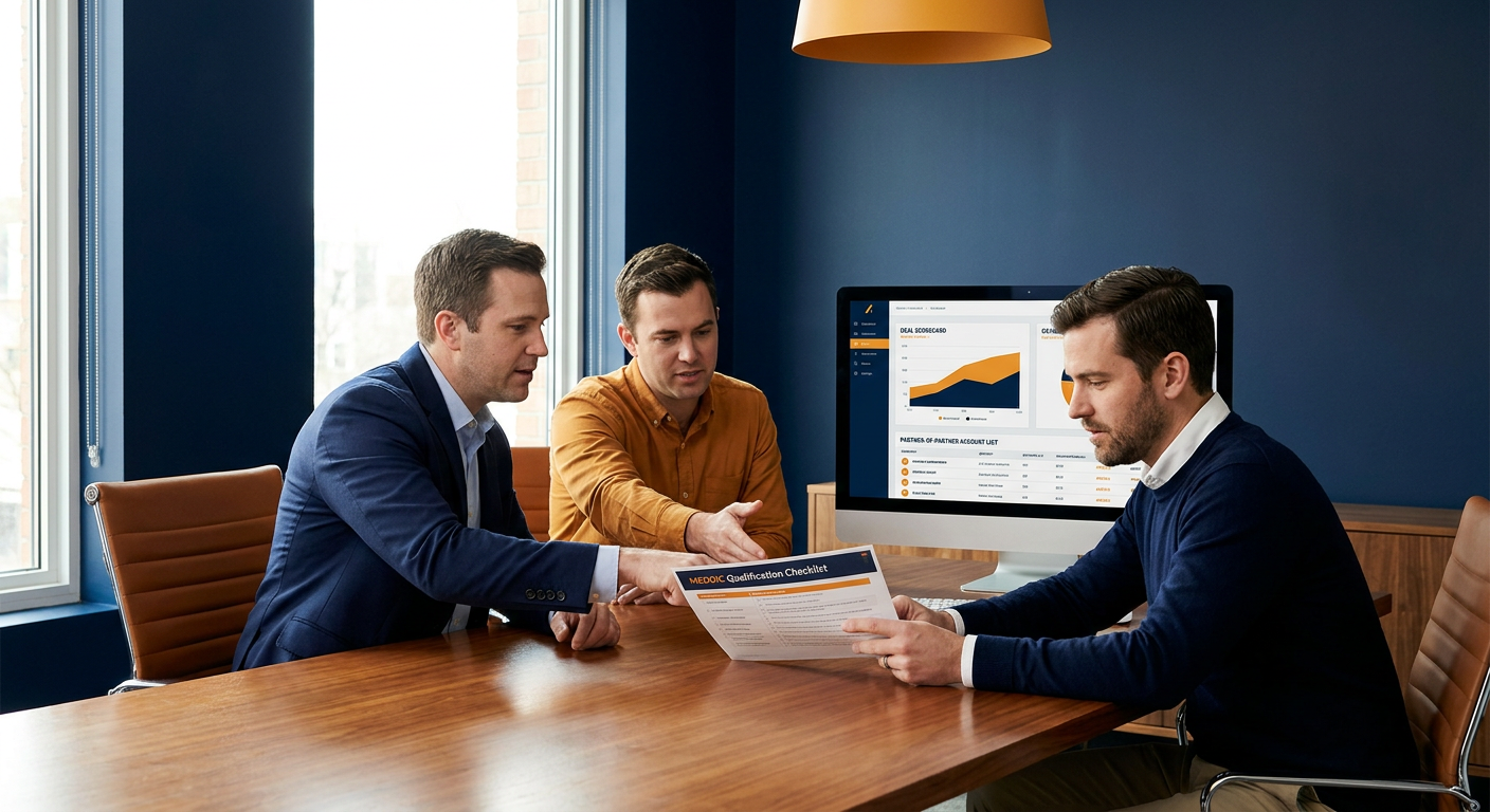 Three businessmen seated at a wooden table review a document during a meeting in a modern office, with graphs displayed on a monitor in the background.