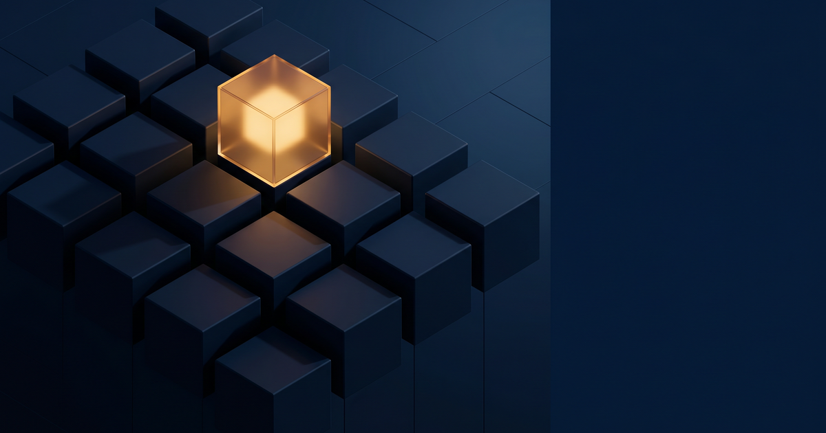 Mindmatrix Alternatives 2026: editorial illustration of navy modular grid with amber-lit cube