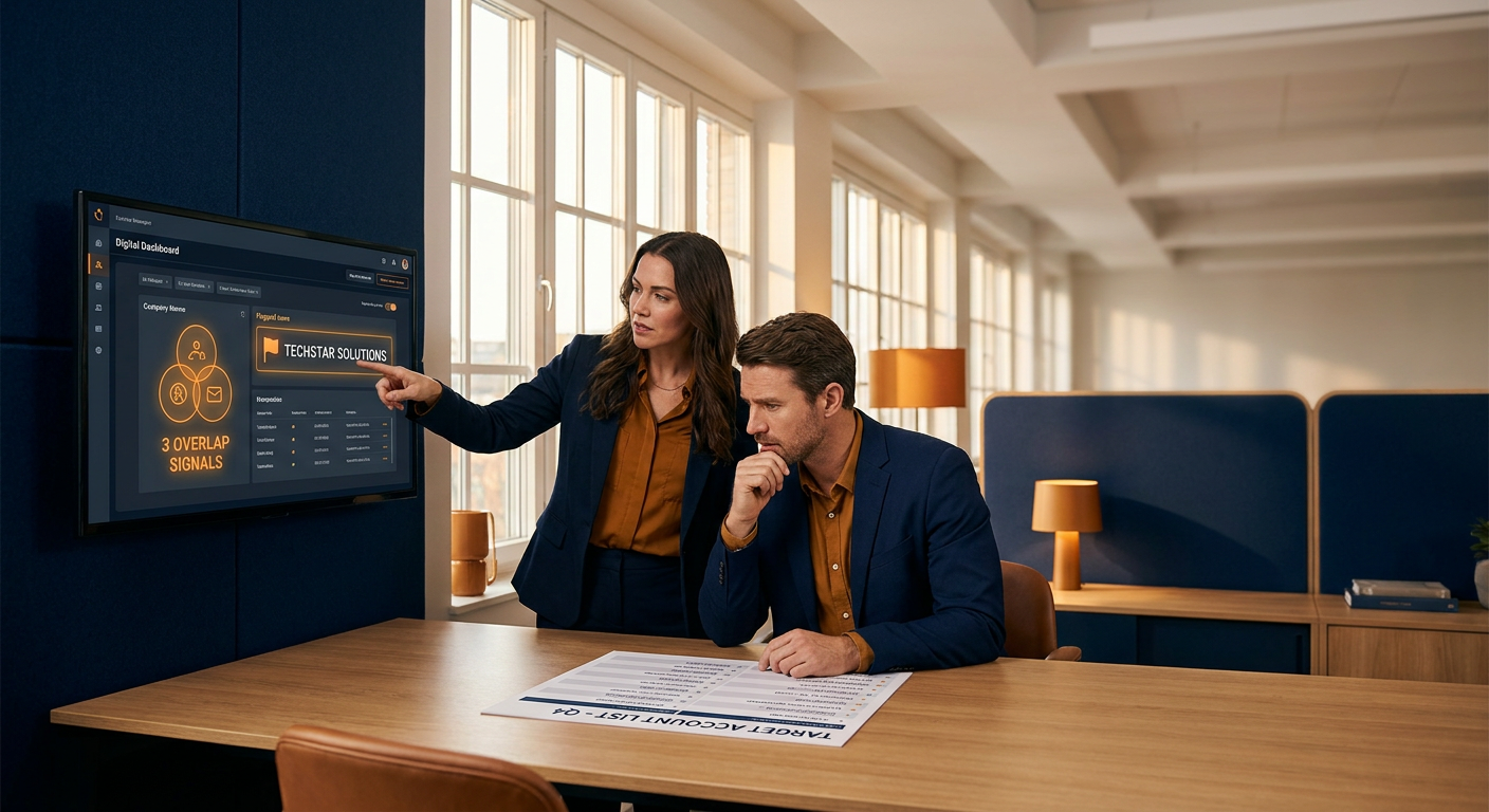 A B2B account executive at a desk reviewing a nearbound signal dashboard with a partner manager pointing at a target account flagged with three overlap signals on a wall monitor while a printed account list sits between them, deep navy and warm amber palette
