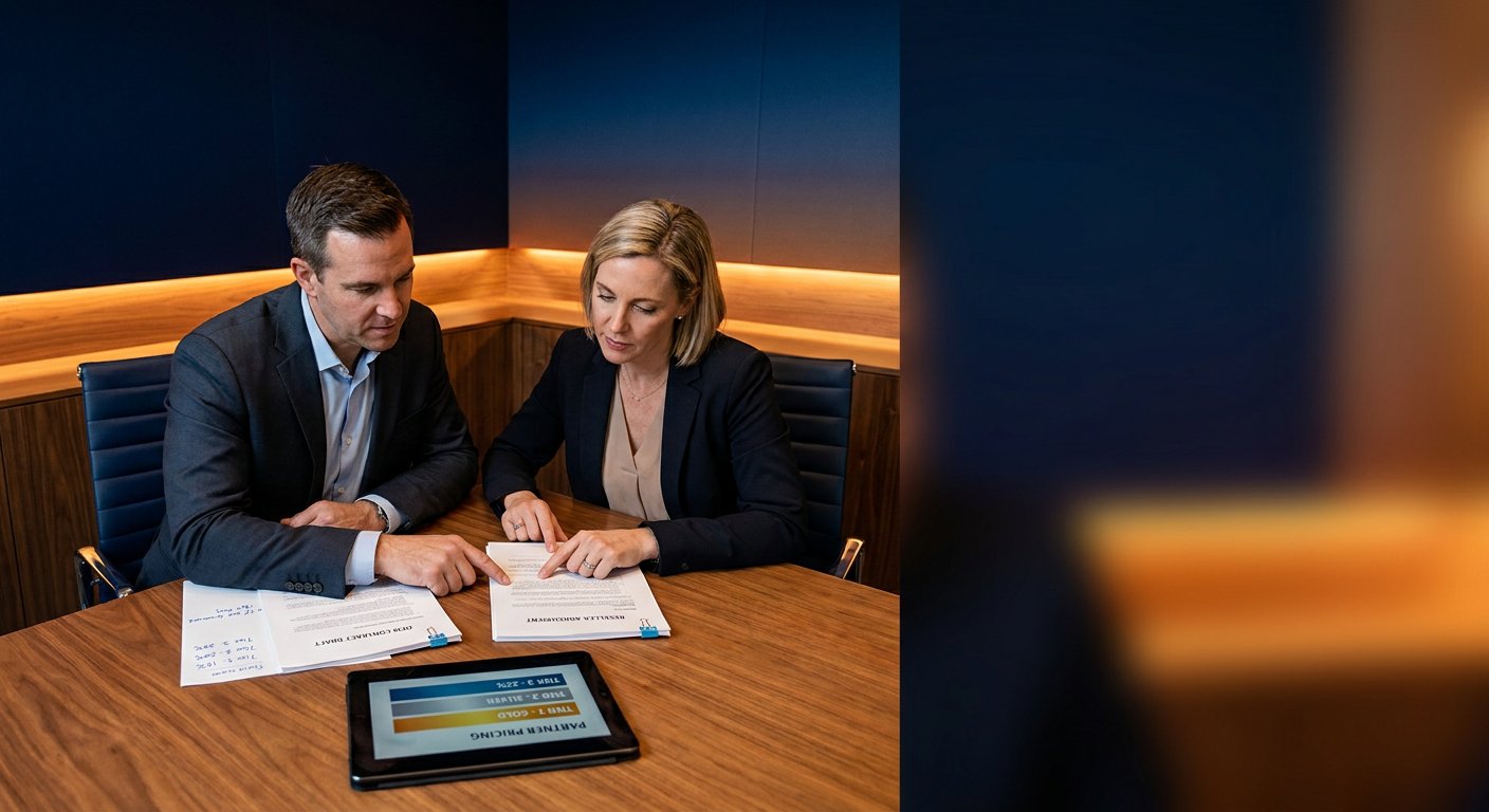 Two B2B executives across a conference table reviewing a printed OEM contract draft alongside a reseller agreement, with discount tier annotations visible, deep navy and amber palette