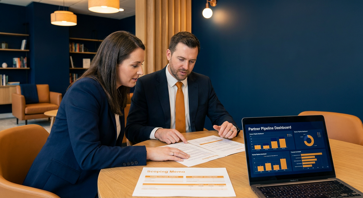 A CRO and a head of partnerships at a small conference table reviewing a printed scoping memo for an outsourced partnerships engagement with named partner targets and a forecast scorecard alongside a laptop showing a partner pipeline dashboard, deep navy and warm amber palette