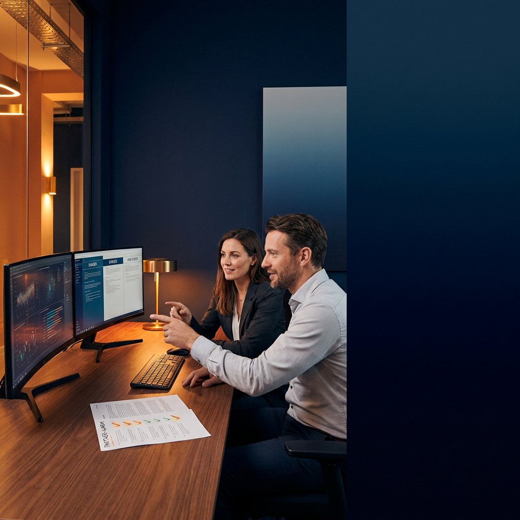 Partner ops analyst and a sales operations leader at twin monitors reviewing a shared customer overlap report with named accounts and partner-warm tags highlighted, deep navy and amber palette