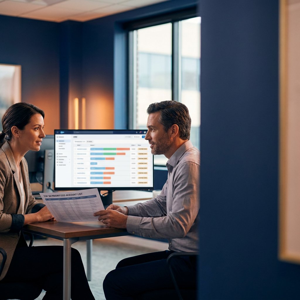 Partner manager and an AE in a Monday deal review with a printed prioritized account list and CRM screen showing partner-warm tags, deep navy and amber palette