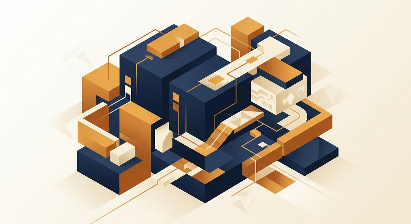 Abstract editorial illustration of an external advisory firm shaping a partner program through layered modular blocks in navy and amber