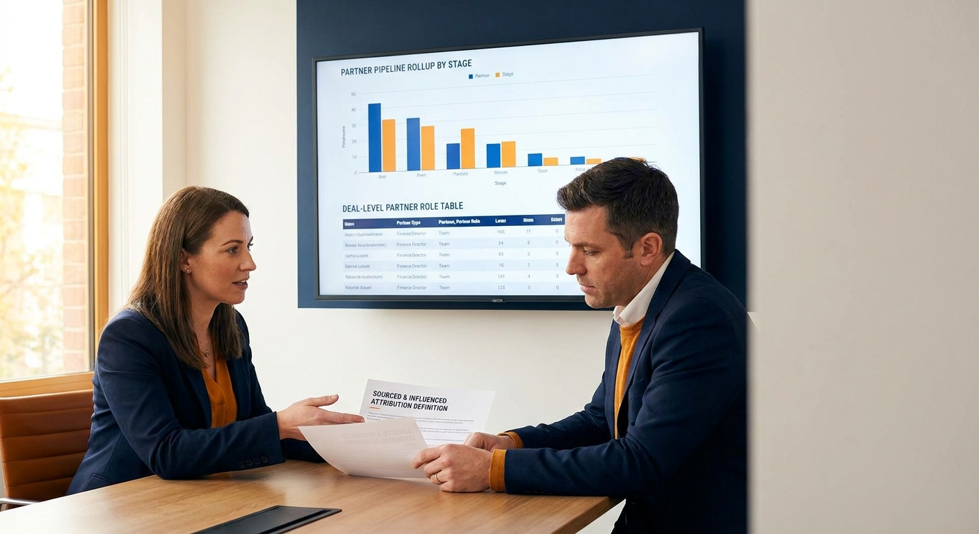 A head of partnerships and a finance director at a desk reviewing a printed sourced and influenced attribution definition alongside a wall monitor showing a partner pipeline rollup by stage and a deal-level partner role table, deep navy and warm amber palette