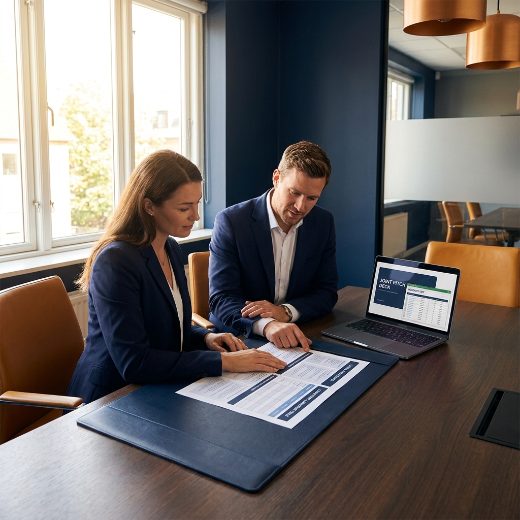 A partner manager and an account executive at a desk reviewing a printed partner battle card with co-sell talking points and a competitive landscape table while a laptop shows a joint pitch deck and an account list, deep navy and warm amber palette