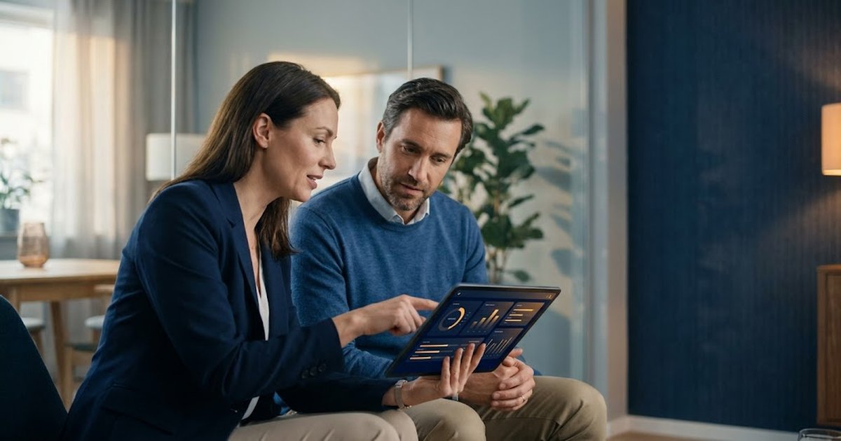A partnerships enablement lead and a partner sales rep reviewing a certification scorecard on a tablet