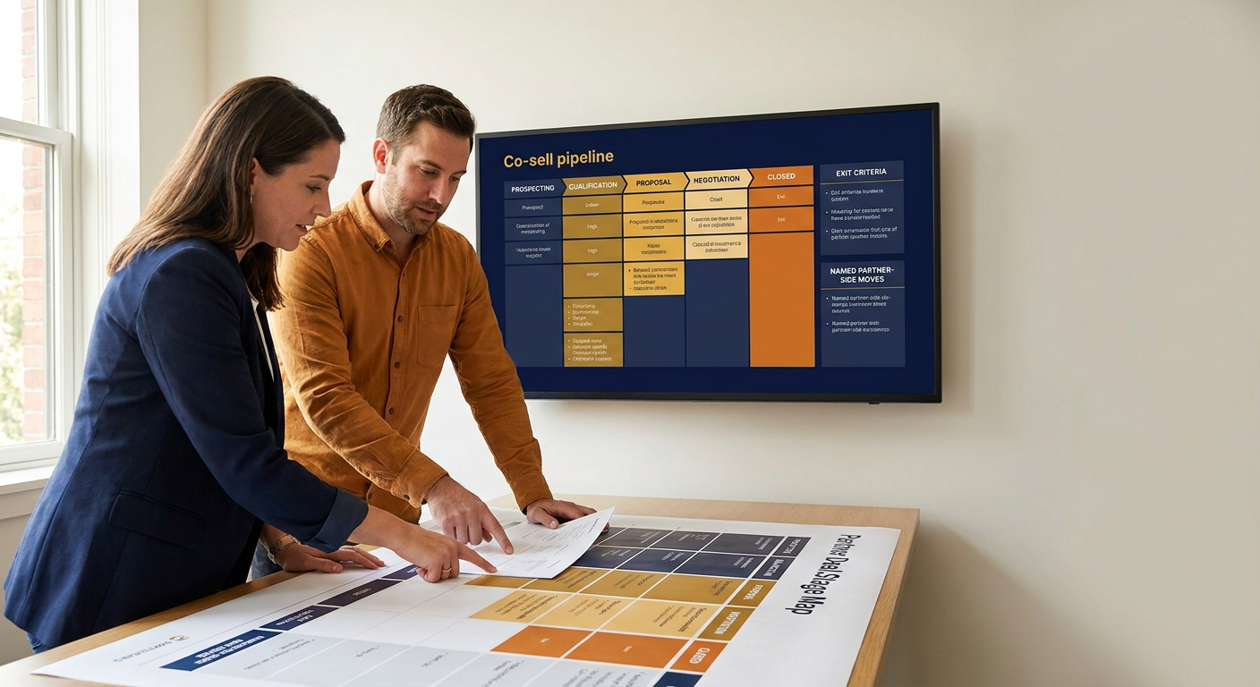 A revenue operations leader and a head of partnerships at a desk reviewing a printed partner deal stage map alongside a wall monitor showing a co-sell pipeline by stage with exit criteria and named partner-side moves at each stage, deep navy and warm amber palette
