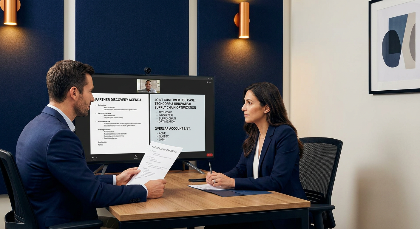 A partner manager and an account executive on a remote video call walking a prospective partner counterpart through a printed partner discovery agenda with a named joint customer use case and an overlap account list visible on a monitor, deep navy and warm amber palette
