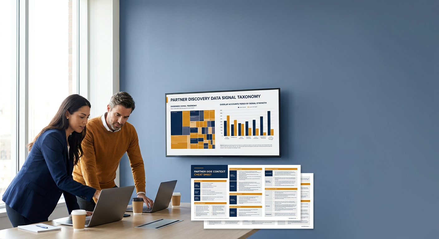 A revenue operations leader and a partner manager at a desk reviewing a partner discovery data signal taxonomy on a wall monitor with overlap accounts tiered by signal strength alongside a printed partner-side context cheat sheet, deep navy and warm amber palette