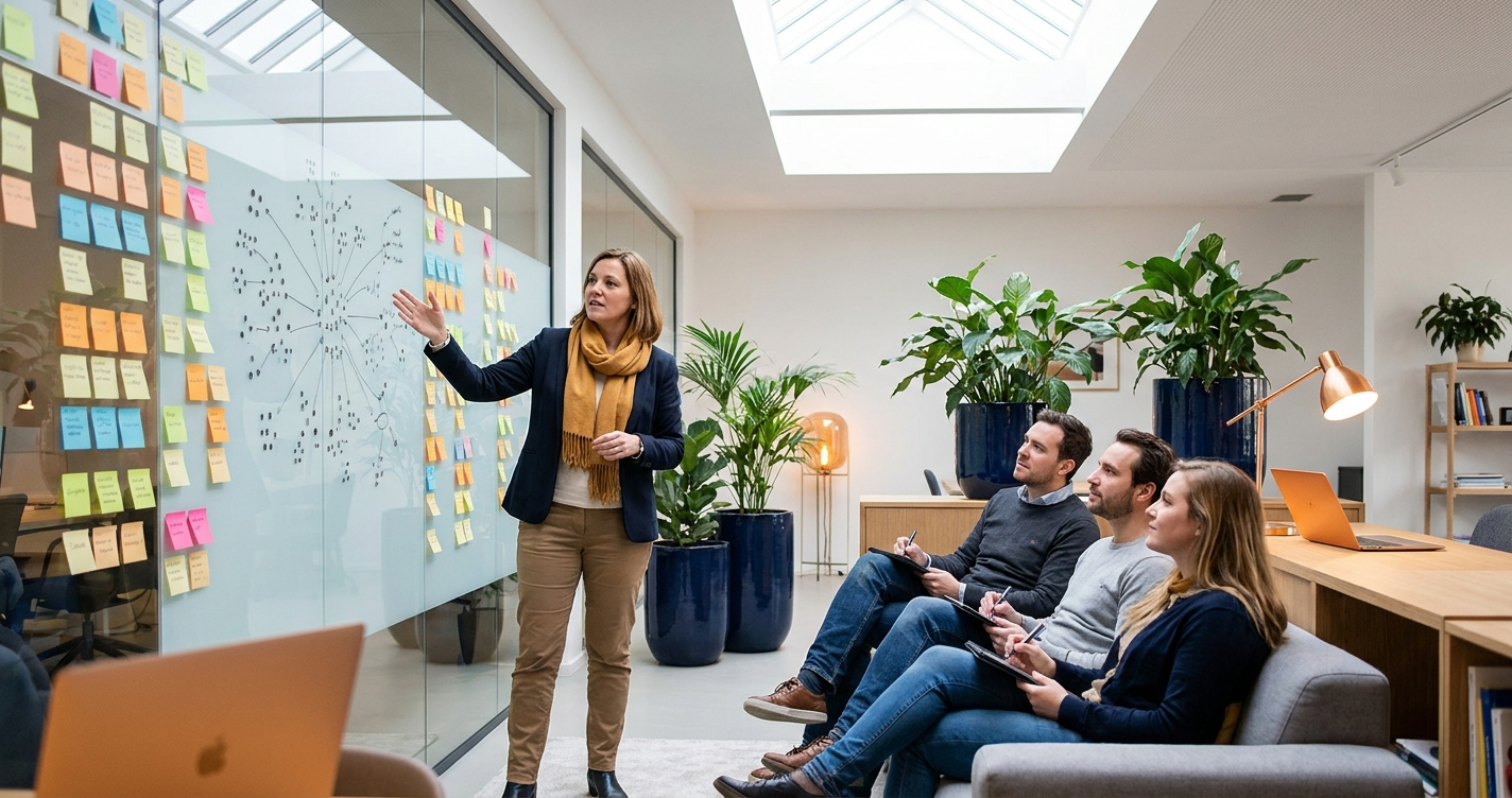 Head of partnerships presenting an ecosystem map on a sticky-note wall to seated colleagues