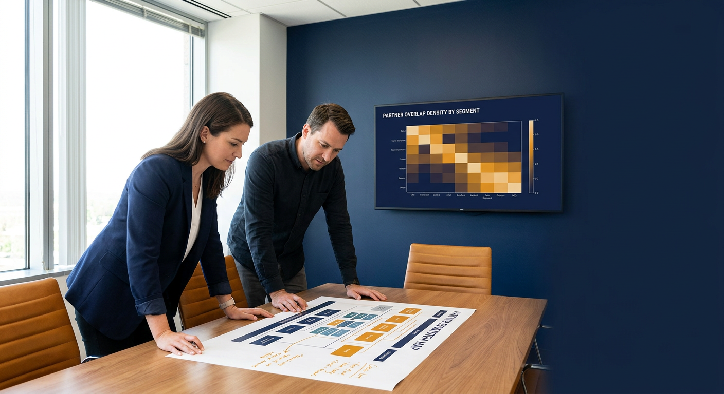 A head of partnerships and a CRO at a small conference table reviewing a printed partner ecosystem map with tier classifications and joint motion labels alongside a wall monitor showing partner overlap density by segment, deep navy and warm amber palette