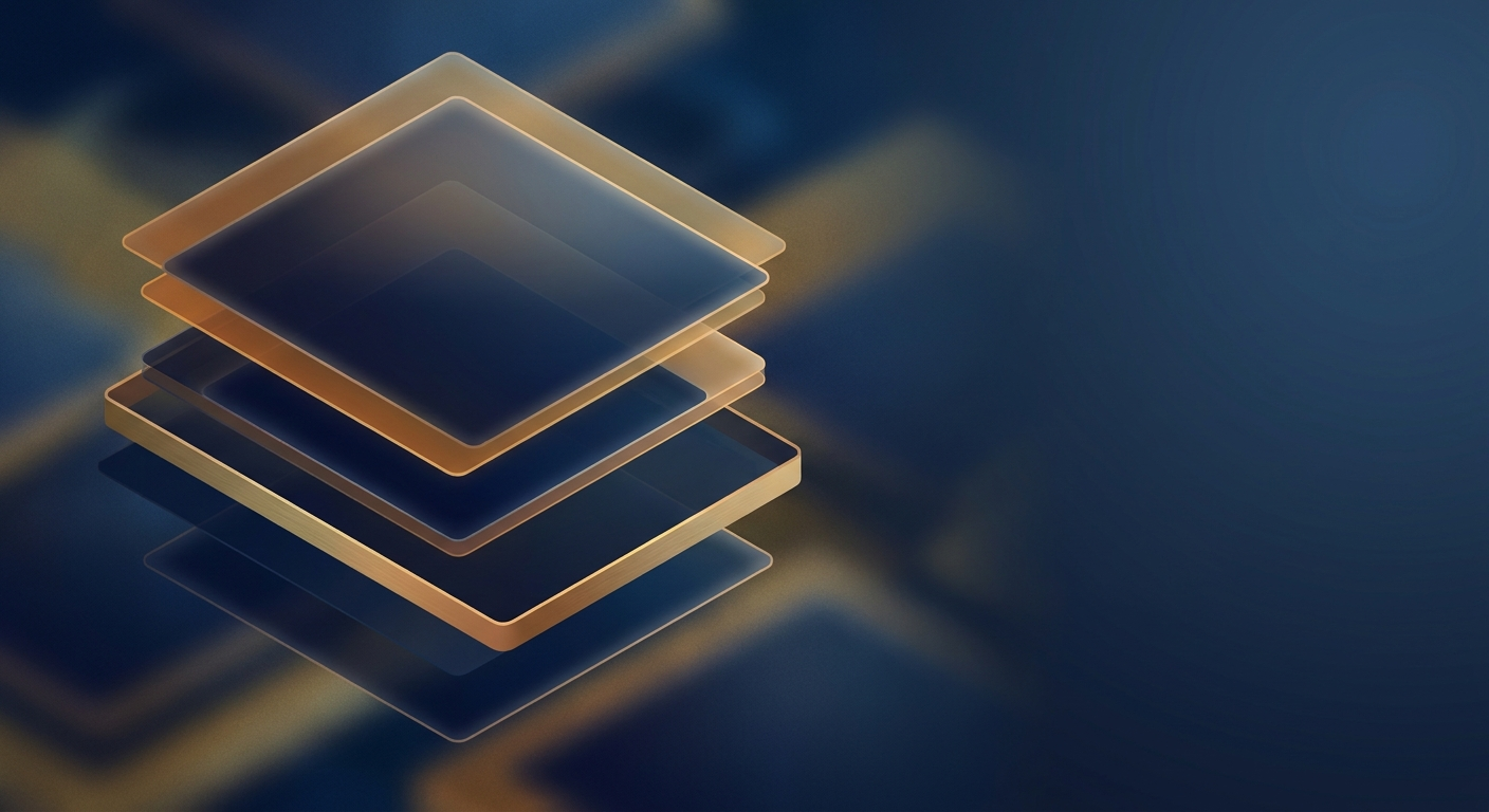 Abstract composition of overlapping glassy squares in blue and warm gold tones, stacked diagonally creating a layered geometric motif.
