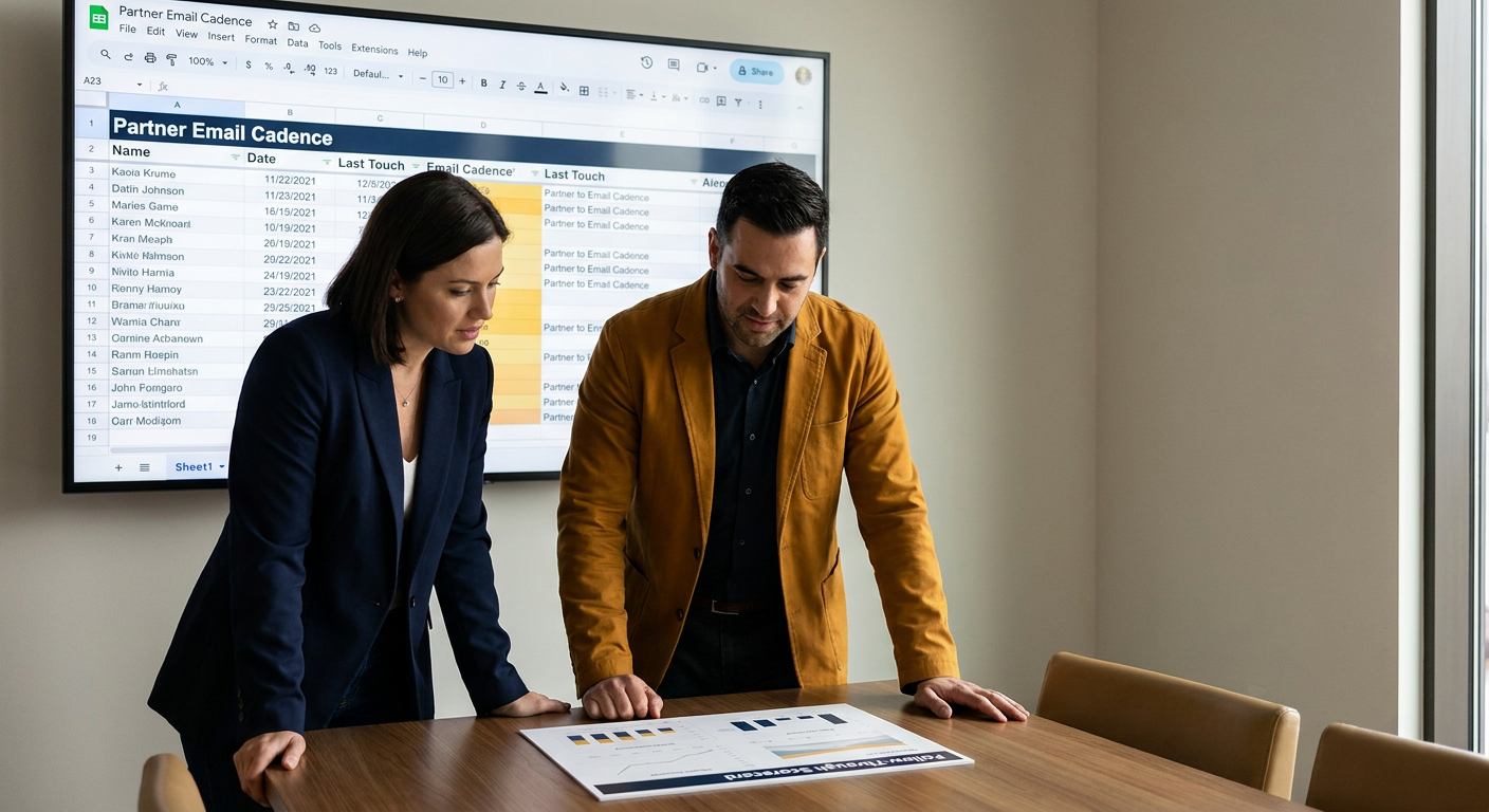 A partner operations lead and a partner manager standing at a wall monitor reviewing a partner-email cadence board showing last-touch dates per partner, with a printed follow-through scorecard on the table between them, deep navy and warm amber palette