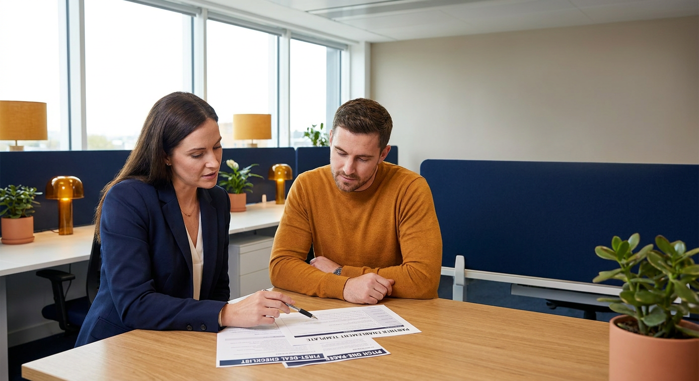 A partner enablement manager and a partner-side seller seated at a desk walking through a printed partner enablement template with a first-deal checklist and a pitch one-pager visible on the table, deep navy and warm amber palette