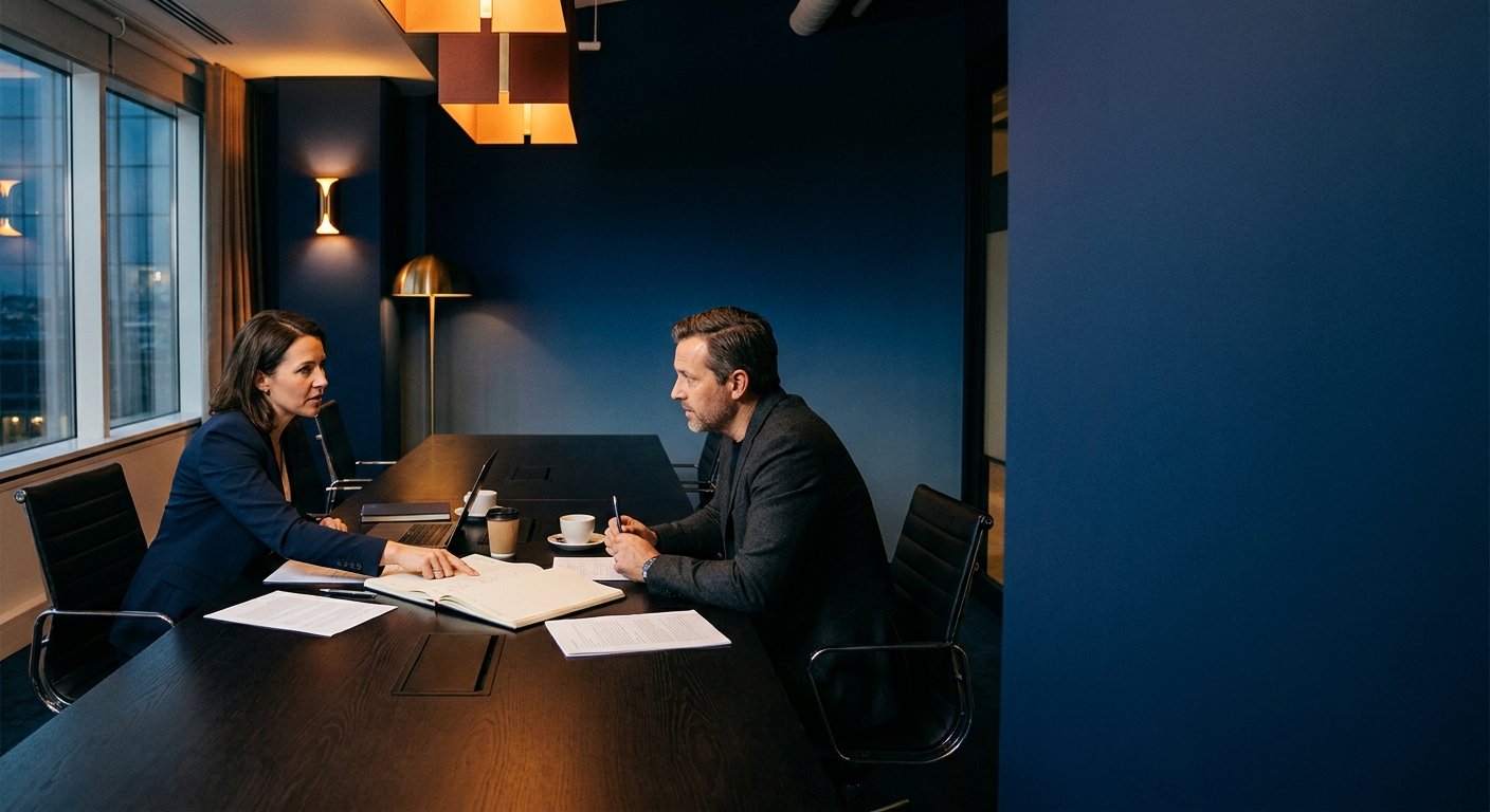 Two partnerships leaders running a joint quarterly planning session at a calm modern conference table, deep navy and amber palette, right third clean for headline overlay