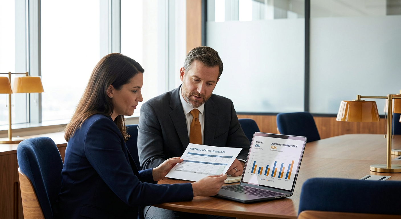 A partnerships leader and a finance partner at a conference table reviewing a printed partner event ROI scorecard with sourced and influenced pipeline figures by stage on a laptop screen between them, deep navy and warm amber palette